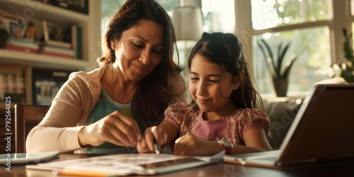 A smiling woman homeschools her daughter on a tablet. This mixed-race lady teaches her gorgeous child at home. A cute Hispanic child uses elearning during the COVID-19 pandemic. photo