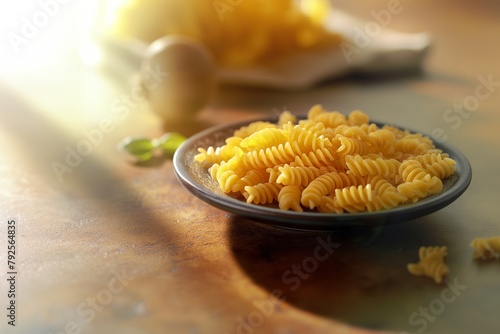 Rustic table setting with a soft focus background featuring a plate of sun-kissed fusilli pasta