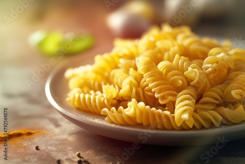 Close-up of a plate of mouthwatering fusilli pasta, prepared for cooking or serving, against a cozy backdrop