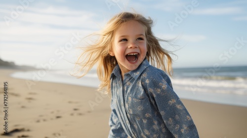 A young Caucasian brunette girl smiles and makes a shocked motion with her hand while alone at the beach on a sunny summer day. Young girl astonished, naive, and happy on vacation