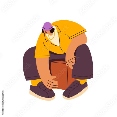 Talented drummer performs in concert. Professional musician plays on drum. Jazz performer sits on his instrument, beats, bangs on cajon. Flat isolated vector illustration on white background