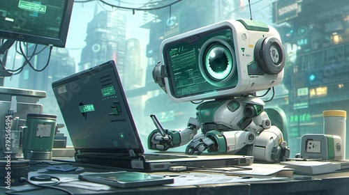 robot assistant works on laptop