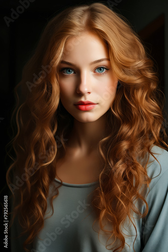 Woman with long red hair and blue eyes is wearing gray shirt.