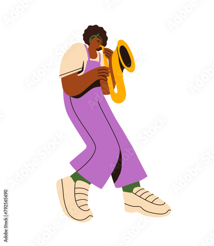 Saxophonist plays music on wind instrument, performs in jazz concert. Musician hold gold saxophone in hand. Talented girl blows in trumpet, sax. Flat isolated vector illustration on white background