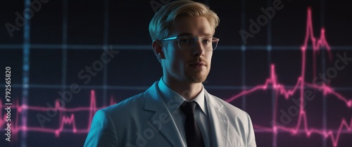blonde guy scientist in tech glowing neon abstract blockchain neural network connections chart graph background from Generative AI © SevenThreeSky