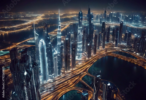 'Aerial Nighttime United view Emirates Arab skyline bay night futuristic Business city Dubai big panoramic Dubai Skyline Panoramic Night City Panorama Burj Khalifa Uae Landscape Business View'