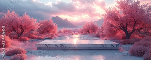 Serene infrared landscape with pink foliage and tranquil lake at sunset photo