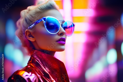 Woman wearing sunglasses and red jacket in neon room.