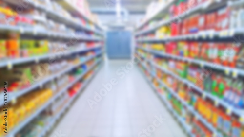 Abstract blur image of supermarket background. Defocused shelves with products. Grocery store. Retail industry. Discount. Inflation and recession concept. Aisle. Consumer packaged goods. CPG. Rack.