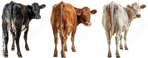 View from behind of three cows in different colours (black, brown and white) looking slightly back, isolated on a transparent background, animal collection