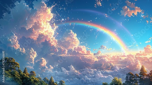 Anime-style illustration of a beautiful rainbow in the blue sky