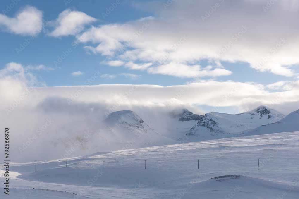 Low clouds rolling through the Swedish mountains near Sylarna on a ski tour Low clouds rolling through the Swedish mountains near Sylarna on a ski tour