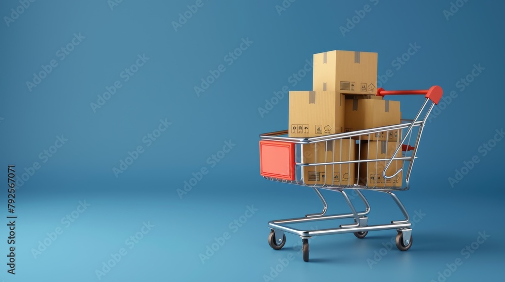 Shopping cart with boxes, online shopping idea