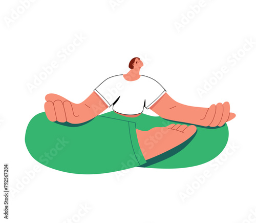Person relaxes on yoga workout. Girl sits in legs crossed asana, practices mental balance. Woman concentrates on breath in lotus pose. Meditation, harmony. Flat isolated vector illustration on white