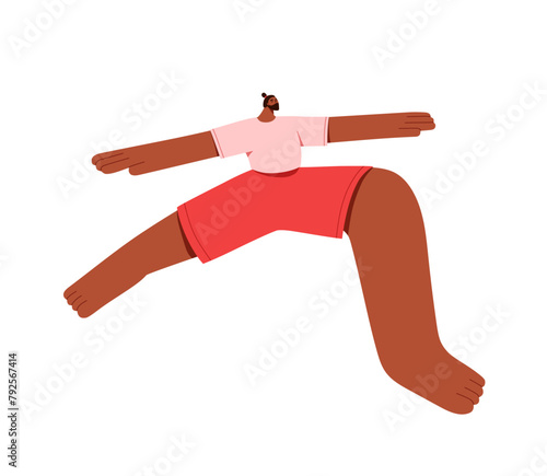 Bearded person stands in warrior pose to harmony of body and mental health. Young man practices meditation in yoga asana. Stretching workout, training. Flat isolated vector illustration on white