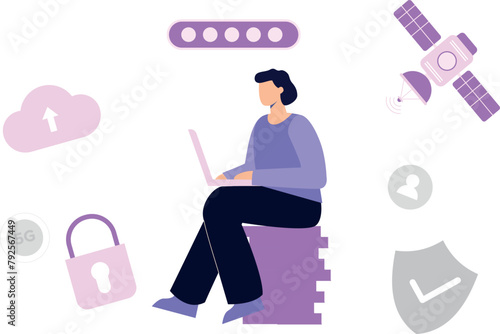 The girl is sitting with a laptop.