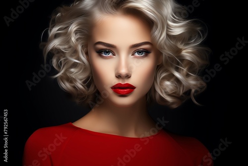 A photo of a beautiful woman with blonde hair and red lips, wearing a red dress.