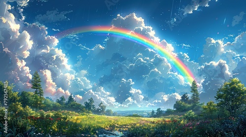 Anime-style illustration of a beautiful rainbow in the blue sky