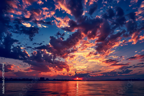 A beautiful sunset over a calm body of water. The sky is filled with clouds and the sun is setting, casting a warm glow over the scene. The water is still and peaceful, creating a serene atmosphere
