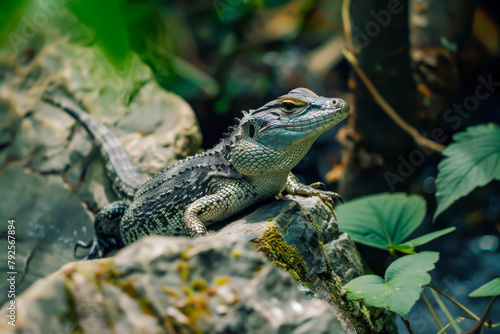A lizard is laying on a rock in a forest. The lizard is small and has a green and brown color