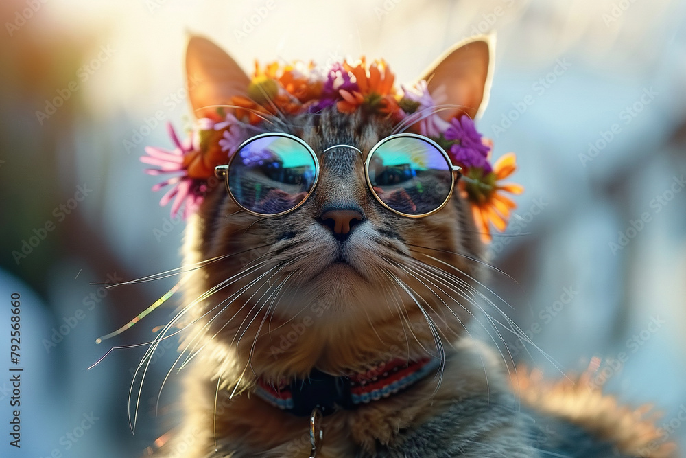 Gray tabby cat with a wreath of flowers on his head and wearing sunglasses. Hippie cat. Generated by artificial intelligence