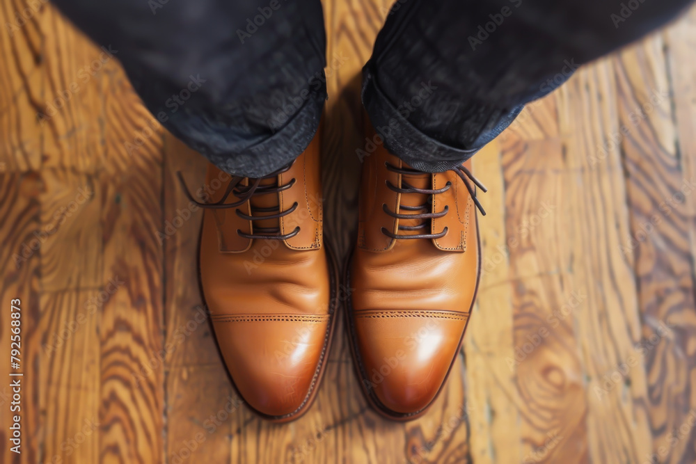 A pair of tan shoes with a brown sole and a brown lace. The shoes are on a wooden floor