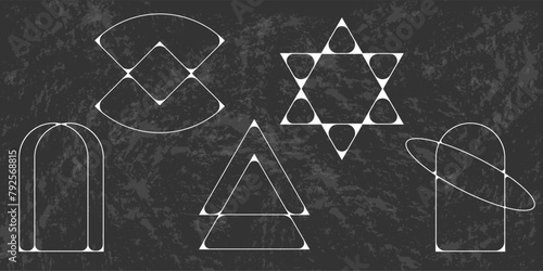 Y2k frames collection. Minimalistic linear frames, arches, elements, geometric shapes and lines. Aesthetic frames for poster design, vector set in modern style.