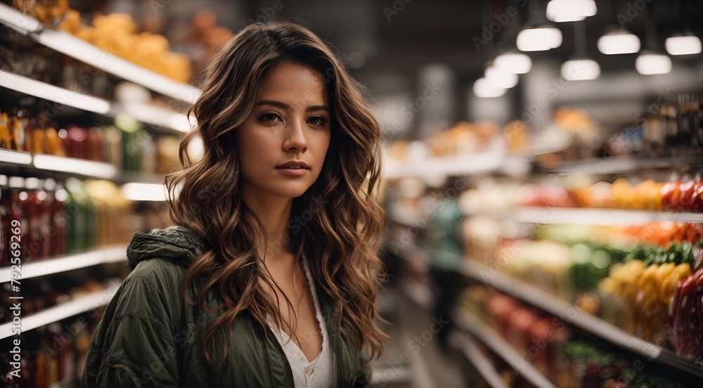 A young woman comparing products in a grocery store