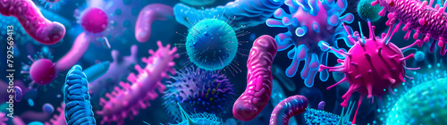 Bacteria, microbes and other microorganisms banner or wallpaper. Concept of probiotic gut bacteria and micro flora.  photo