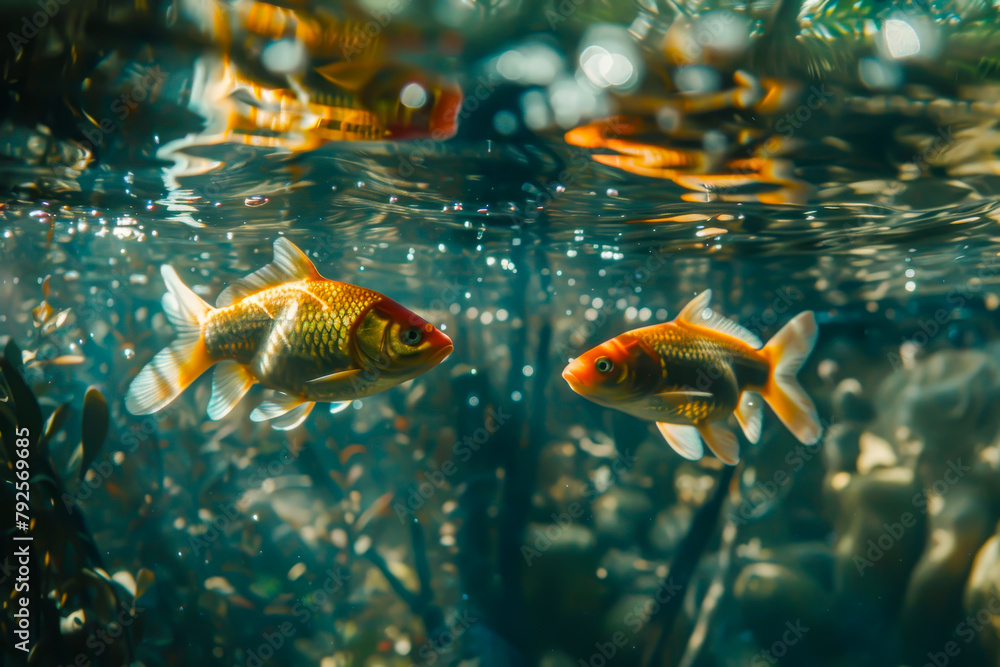 Naklejka premium Two goldfish swimming in a tank. The tank is filled with water and rocks. The fish are swimming close to each other