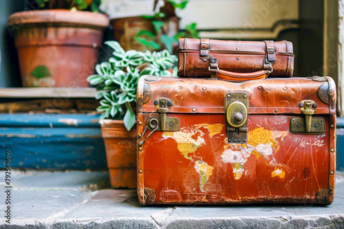 A red suitcase with a world map on it sits on a step. The suitcase is old and has a vintage look to it. The potted plants in the background add a touch of greenery to the scene