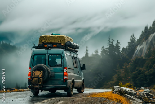 A blue van with a green top is driving down a road with a backpack on the back. The van is parked on a dirt road with trees in the background © VicenSanh