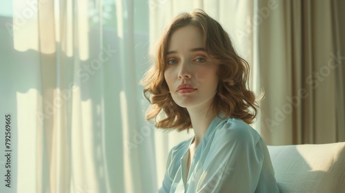 Woman in light blue blouse, seated contemplatively in a sunlit modern room. Woman enjoys peaceful moment in a modern chair, surrounded by soft colors. Free Download Woman in light blue blouse, seated contemplatively in a sunlit modern room. Woman enjoys peaceful moment in a modern chair, surrounded by soft colors. - GFXLoad