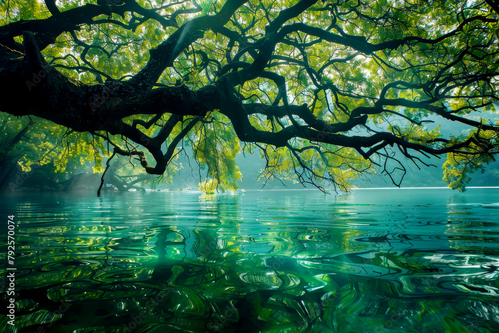 A tree branch is reflected in the water. The water is green and calm. Concept of tranquility and peacefulness A tree branch is reflected in the water. The water is green and calm. Concept of tranquility and peacefulness