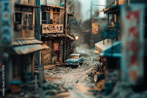A blue car is parked in a small city street. The street is narrow and has a lot of buildings on either side. The car is the only object in the scene, and it is the main focus of the image