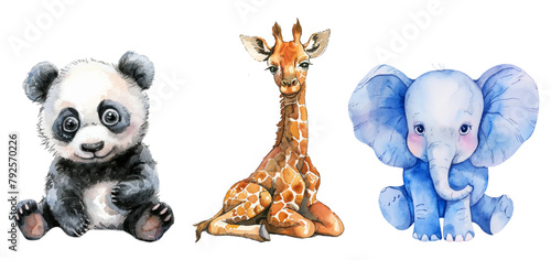 Set of cute watercolor tropical animals png. Watercolor giraffe, panda and elephant on isolated background. Vector illustration.