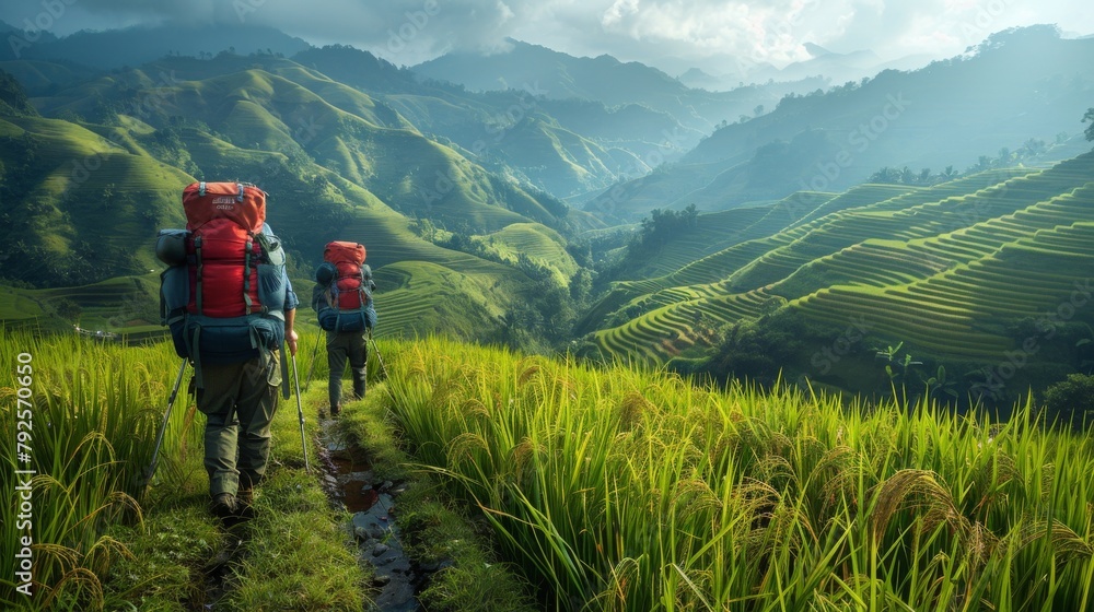 Friends trekking through Asian rice fields, their backpacks symbolizing the freedom and adventure of summer backpacking. Friends trekking through Asian rice fields, their backpacks symbolizing the freedom and adventure of summer backpacking.