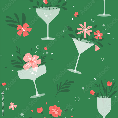 Cocktail party seamless pattern. Flowers in champagne, wine, martini drinking glass. Floral drink, fresh summer juice, spring beverage. Cheer vector illustration. Abstract background, textile design
