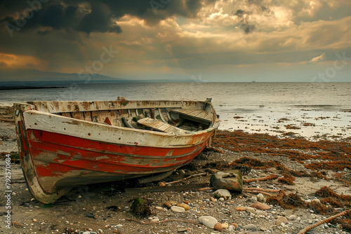 A boat is sitting on the beach, with the ocean in the background. The sky is cloudy, and the mood of the image is somewhat melancholic