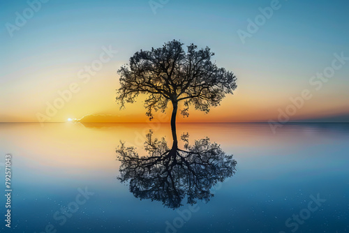 A tree is reflected in the water, with the sun setting in the background. The scene is serene and peaceful, with the tree standing alone in the water