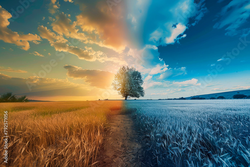 A tree is in the middle of a field with a blue sky above it. The sky is divided into two halves, one half is blue and the other half is orange photo