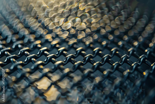 A close up of a chain link fence with a blurry background. The fence is made of metal and has a shiny, reflective surface. The image has a dreamy, ethereal quality to it photo