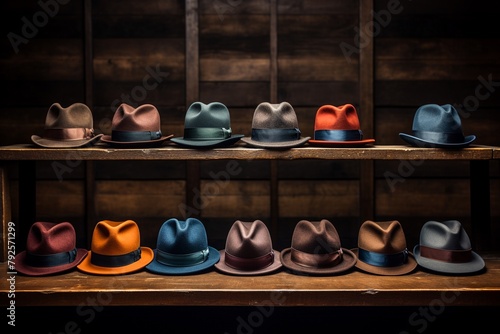 Closeup of a vintage gentlemans hat collection on wooden display, soft lighting highlights textures, ideal for classic fashion enthusiasts photo