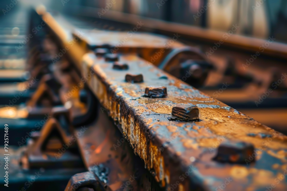 A rusty train track with many bolts and screws. The bolts and screws are scattered all over the track, and the overall mood of the image is one of decay and neglect. The train track appears to be old A rusty train track with many bolts and screws. The bolts and screws are scattered all over the track, and the overall mood of the image is one of decay and neglect. The train track appears to be old