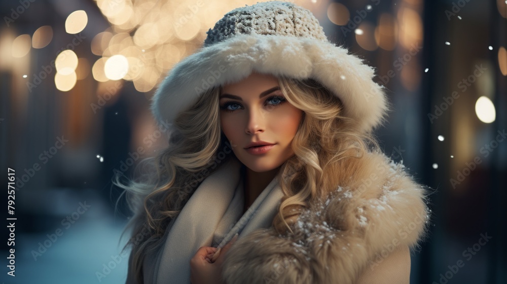 Elegant winter fashion in urban setting, woman wearing chic fur hat and wool coat, blurred snowy cityscape in background, luxurious warm attire Elegant winter fashion in urban setting, woman wearing chic fur hat and wool coat, blurred snowy cityscape in background, luxurious warm attire
