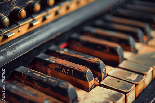 A vintage piano with keys that are worn and faded. The keys are labeled with the year 2017 photo