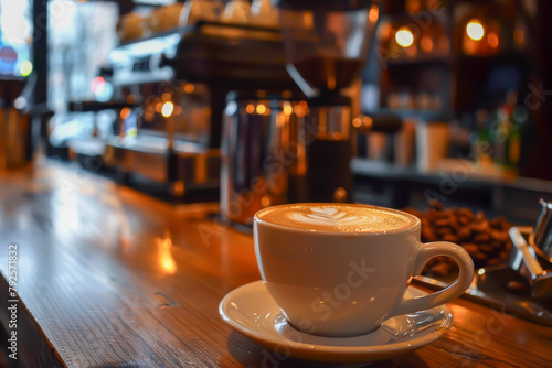 A white coffee cup with a white saucer sits on a wooden table. The coffee is hot and steaming. The scene is cozy and inviting