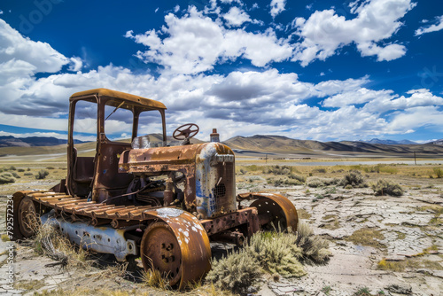 An old, rusted tractor is sitting in a field. The sky is blue and there are clouds in the background. Scene is somewhat melancholic, as the old tractor seems to be abandoned and forgotten photo