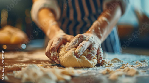 Close-up of womans hand kneading dough. Space for text
