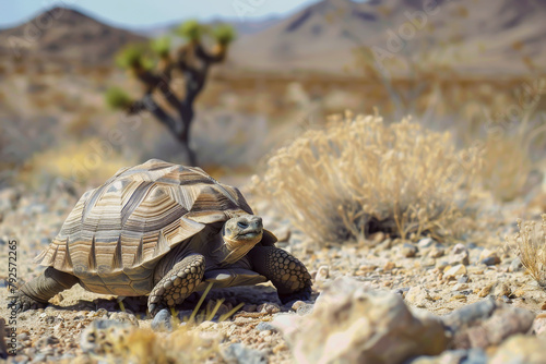 A tortoise is walking on a rocky desert landscape. Concept of solitude and isolation, as the tortoise is the only living creature visible in the vast, barren desert photo